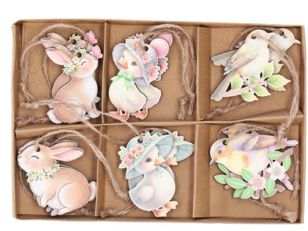 Sortiment Hänger Holz/Print sort Hase-Vogel-Küken D4-6cm L29-30cm
