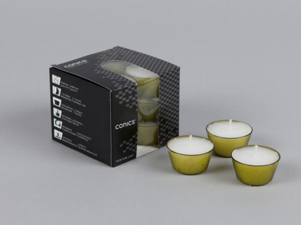 Teelicht konisch Conics PVC-Hülle grün 12St ca 7Std Brenndauer   D46 H25mm
