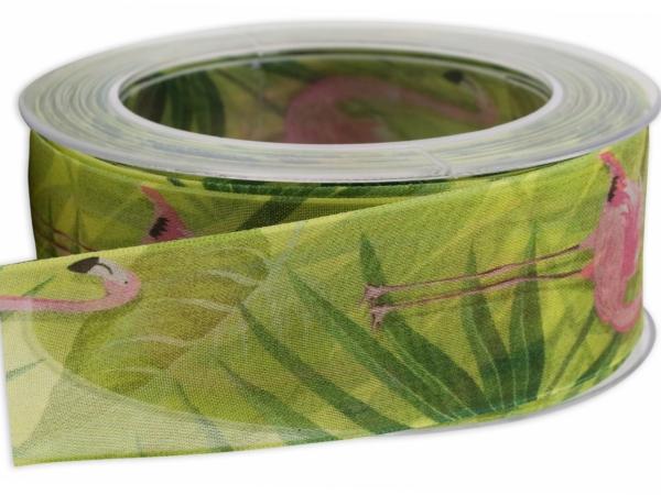 Band Organza Flamingo Blätter 40mm 20mr   40mm 20mr