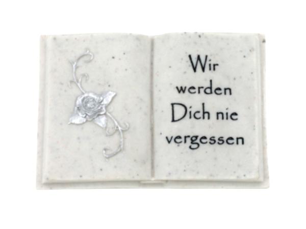 Buch m Spruch "Wir werden dich nie vergessen" Polyresin Marmor-Optik L14 B10 H4,5cm