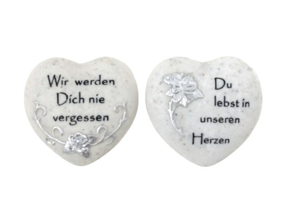 Herz liegend m Spruch 2Mod Wir werden Dich nie vergessen / Du lebst in unseren Herzen Polyresin Marmor-Optik
 L7 B7 H2,5cm