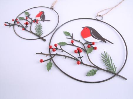 Hänger Drahtkugel flach m Vogel auf Ilexzweig    D18cm