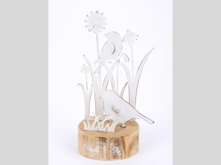 Deko Vogel-Wiese Blech a Holzsockel   B11 T4 H18cm