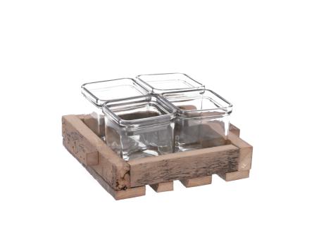 Tablett Holz recyling mit 4 Glas Kasten
!! Aktionsartikel- Kein Umtausch / Rückgabe möglich !! D19 H11 Glas D7,5 H8cm