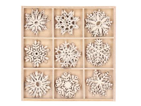 Streusortiment Schneeflocke 9Motive in Holzbox 45St  D4cm Box D10,5 H1,5cm