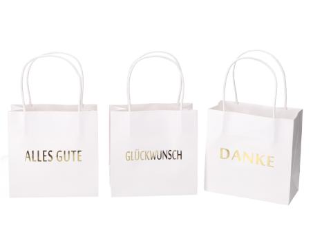 Geschenktüte bedruckt 3 Sprüche "DANKE", "ALLES GUTE", "GLÜCKWUNSCH" sortiert B16 T8 H16cm