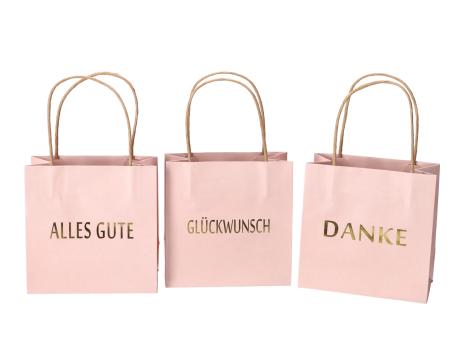 Geschenktüte bedruckt 3 Sprüche "DANKE", "ALLES GUTE", "GLÜCKWUNSCH" sortiert B16 T8 H16cm