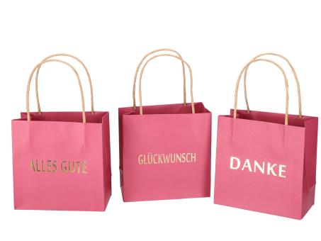 Geschenktüte bedruckt 3 Sprüche "DANKE", "ALLES GUTE", "GLÜCKWUNSCH" sortiert B16 T8 H16cm