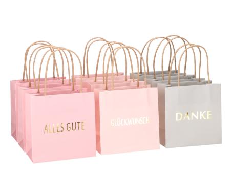 Geschenktüte bedruckt 3 Sprüche "DANKE", "ALLES GUTE", "GLÜCKWUNSCH"  3fb sort pastell B16 T8 H16cm