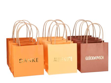 Geschenktüte bedruckt 3 Sprüche "DANKE", "ALLES GUTE", "GLÜCKWUNSCH" sortiert 3fb apricot-or-braun B16 T8 H16cm