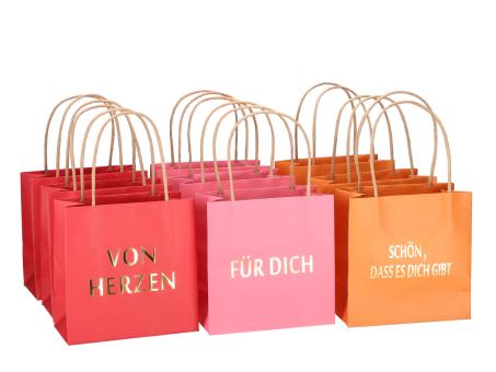 Geschenktüte bedruckt 3 Sprüche "DANKE", "ALLES GUTE", "GLÜCKWUNSCH"  3fb sort pink-or-red B16 T8 H16cm
