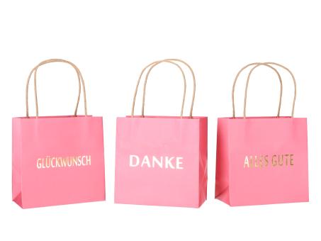 Geschenktüte bedruckt 3 Sprüche "DANKE", "ALLES GUTE", "GLÜCKWUNSCH" sortiert B16 T8 H16cm