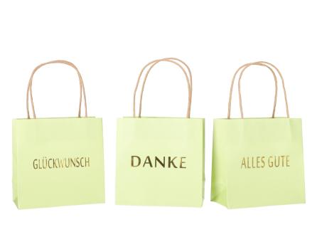 Geschenktüte bedruckt 3 Sprüche "DANKE", "ALLES GUTE", "GLÜCKWUNSCH" sortiert B16 T8 H16cm