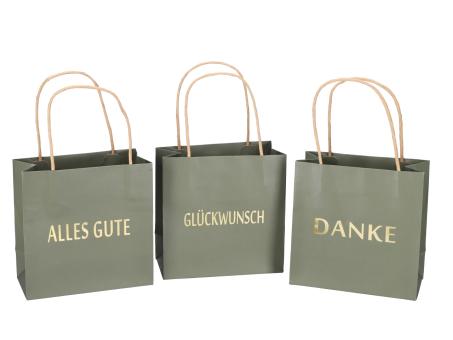 Geschenktüte bedruckt 3 Sprüche "DANKE", "ALLES GUTE", "GLÜCKWUNSCH" sortiert B16 T8 H16cm