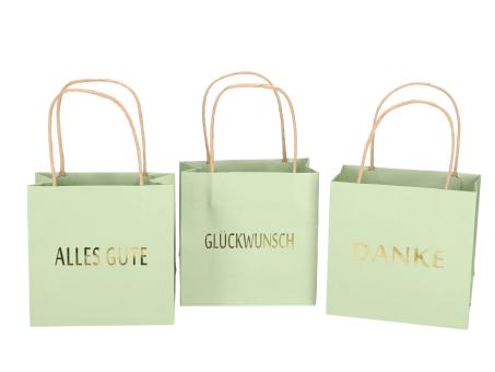 Geschenktüte bedruckt 3 Sprüche "DANKE", "ALLES GUTE", "GLÜCKWUNSCH" sortiert B16 T8 H16cm