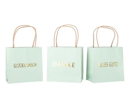 Geschenktüte bedruckt 3 Sprüche "DANKE", "ALLES GUTE", "GLÜCKWUNSCH" sortiert B16 T8 H16cm