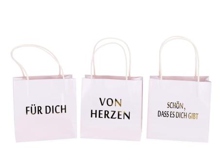 Geschenktüte bedruckt 3 Sprüche "VON HERZEN", "SCHÖN, DASS ES DICH GIBT", "FÜR DICH" sortiert  B16 T8 H16cm