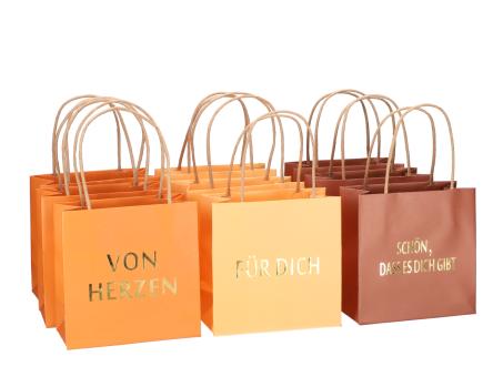 Geschenktüte bedruckt 3 Sprüche "VON HERZEN", "SCHÖN, DASS ES DICH GIBT", "FÜR DICH"  3fb sort apricot-or-braun B16 T8 H16cm