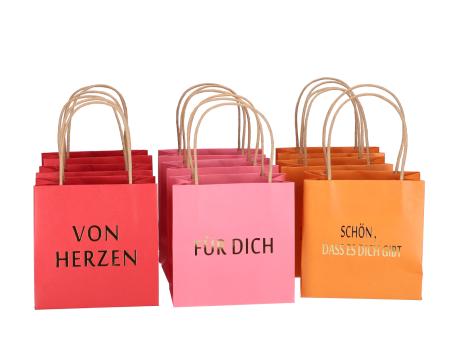 Geschenktüte bedruckt 3 Sprüche "VON HERZEN", "SCHÖN, DASS ES DICH GIBT", "FÜR DICH"  3fb sort pink-or-redl B16 T8 H16cm