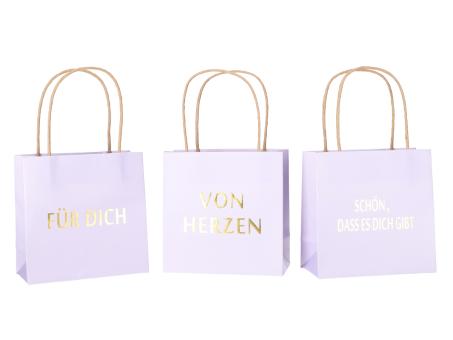 Geschenktüte bedruckt 3 Sprüche "VON HERZEN", "SCHÖN, DASS ES DICH GIBT", "FÜR DICH" sortiert B16 T8 H16cm