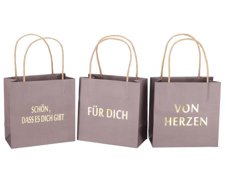 Geschenktüte bedruckt 3 Sprüche "VON HERZEN", "SCHÖN, DASS ES DICH GIBT", "FÜR DICH" sortiert B16 T8 H16cm