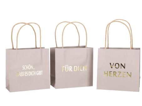 Geschenktüte bedruckt 3 Sprüche "VON HERZEN", "SCHÖN, DASS ES DICH GIBT", "FÜR DICH" sortiert B16 T8 H16cm