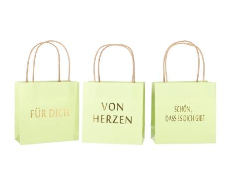 Geschenktüte bedruckt 3 Sprüche "VON HERZEN", "SCHÖN, DASS ES DICH GIBT", "FÜR DICH" sortiert B16 T8 H16cm