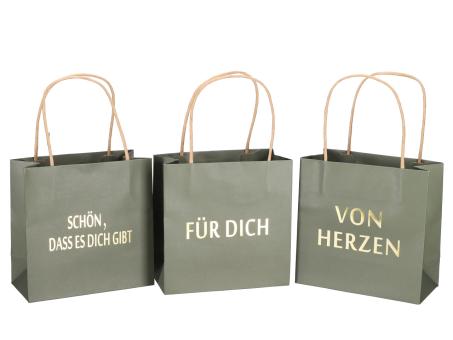 Geschenktüte bedruckt 3 Sprüche "VON HERZEN", "SCHÖN, DASS ES DICH GIBT", "FÜR DICH" sortiert B16 T8 H16cm