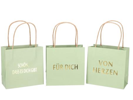 Geschenktüte bedruckt 3 Sprüche "VON HERZEN", "SCHÖN, DASS ES DICH GIBT", "FÜR DICH" sortiert B16 T8 H16cm