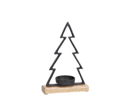 Teelichthalter Tannenbaum Alu a Holzsockel Mangowood  B18 T8 H28cm