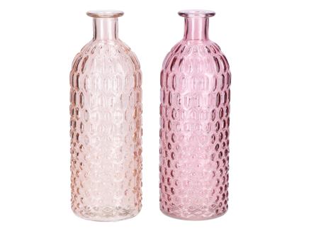 Tischvase Flasche Glas Struktur 2fb melone-rosa gemischt D7 H20cm