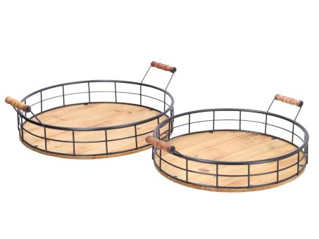 Tablett rund Metall-Holzboden Set2 m Henkel  D35/40 H7/8cm