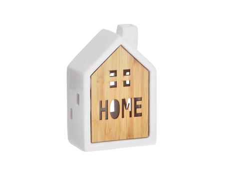 Haus Porzellan/Holz Home LED beleuchtet  (Knopfzellen 2xLR44)  B9,2 T5,6 H14cm