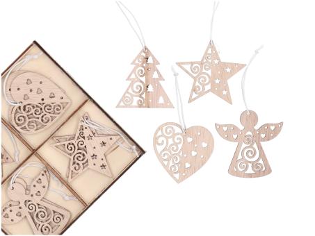 Sortiment Hänger Holz Lasercut 4Mod Engel-Stern-Herz-Baum Set 12 St D5 H5-6cm