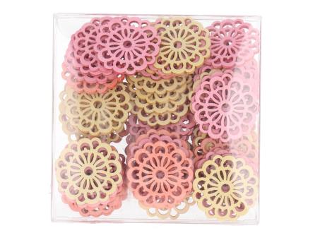 Streusortiment Ornamente Holz druchbrochen 3Fb sort Box 72 St D4cm