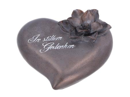 Herz m Blüte Spruch "In stillem Gedenken" Polyresin Broncefinish B16 T14,7 H8cm