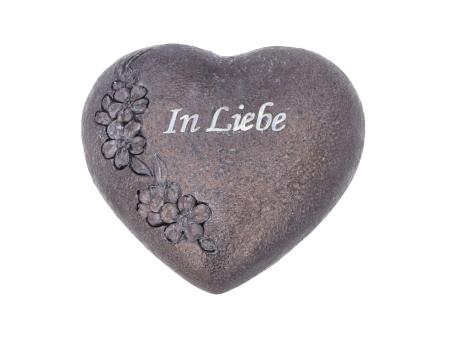 Herz Spruch "In Liebe" Blütenranke Polyresin Broncefinish B10,5 H9,9 T4cm