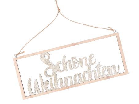 Schild Holz Lasercut Schöne Weihnachten natur-goldglimmer B27 T0,5 H10cm