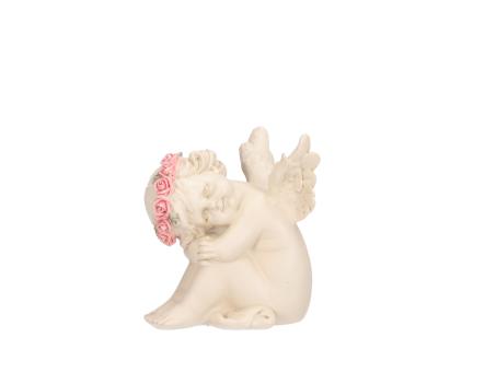 Engel sitzend seitlich blickend Kopfkranz Rosen B8,7 T8 H11,2cm