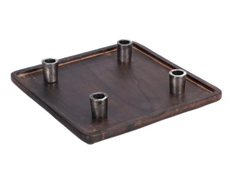 Tablett Mangoholz quadratisch Kerzenhalter Alu antik X4 f Stabkerzen D30 H6cm