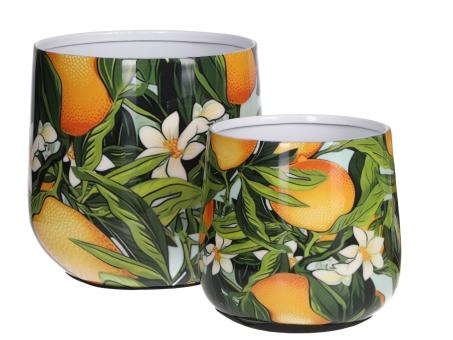 Topf Metall Druckmotiv Set2 Orange-Blüten emailliert 
