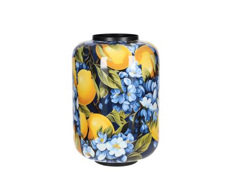Bodenvase Metall Druckmotiv Zitrone-Blüten emailliert 