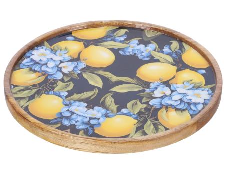 Tablett Mangoholz Druckmotiv Zitrone-Blüten (Lebensmittelecht) D28 H2cm