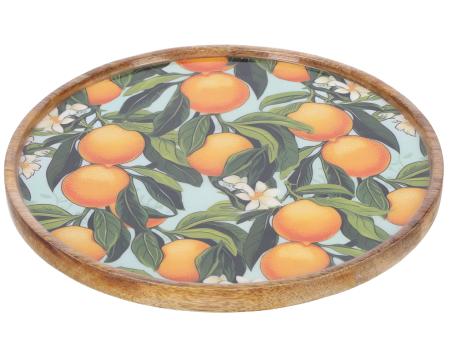 Tablett Mangoholz Druckmotiv Orange-Blüten (Lebensmittelecht) D28 H2cm