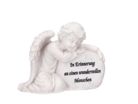 Engel liegend a Stein m Spruch `In Erinnerung an einen wundervollen Menschen´ Polyresin L17 B8 H12cm