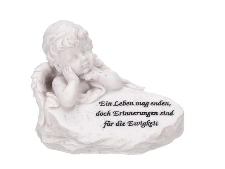 Engel abstützend a Stein Spruch 'Ein Leben mag enden, doch Erinnerungen sind für die Ewigkeit' Polyresin L13 B11 H10cm