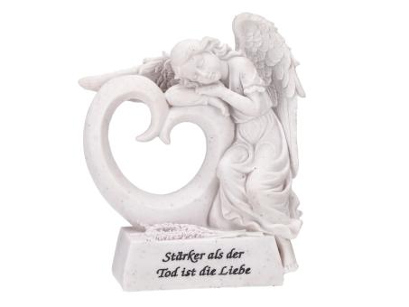 Engel lehnend a Herz Spruch 'Stärker als der Tod ist die Liebe' Polyresin L16 B6 H20cm