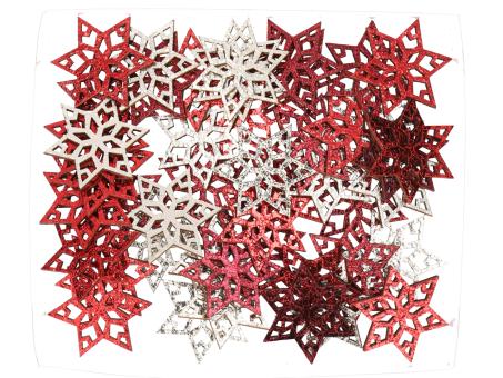 Streusortiment Holz Stern Ornament Glamour 3fb go-ro-dkrd sort Box 72St D5cm