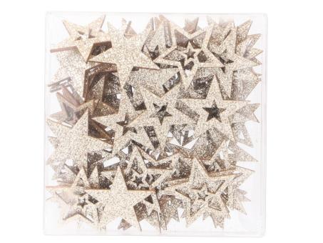 Streusortiment Sterne Box 72St Holz-Glitzerstoff 3Mod D4cm