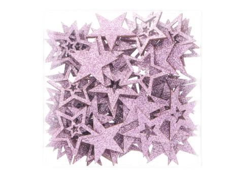 Streusortiment Sterne Box 72St Holz-Glitzerstoff 3Mod D4cm